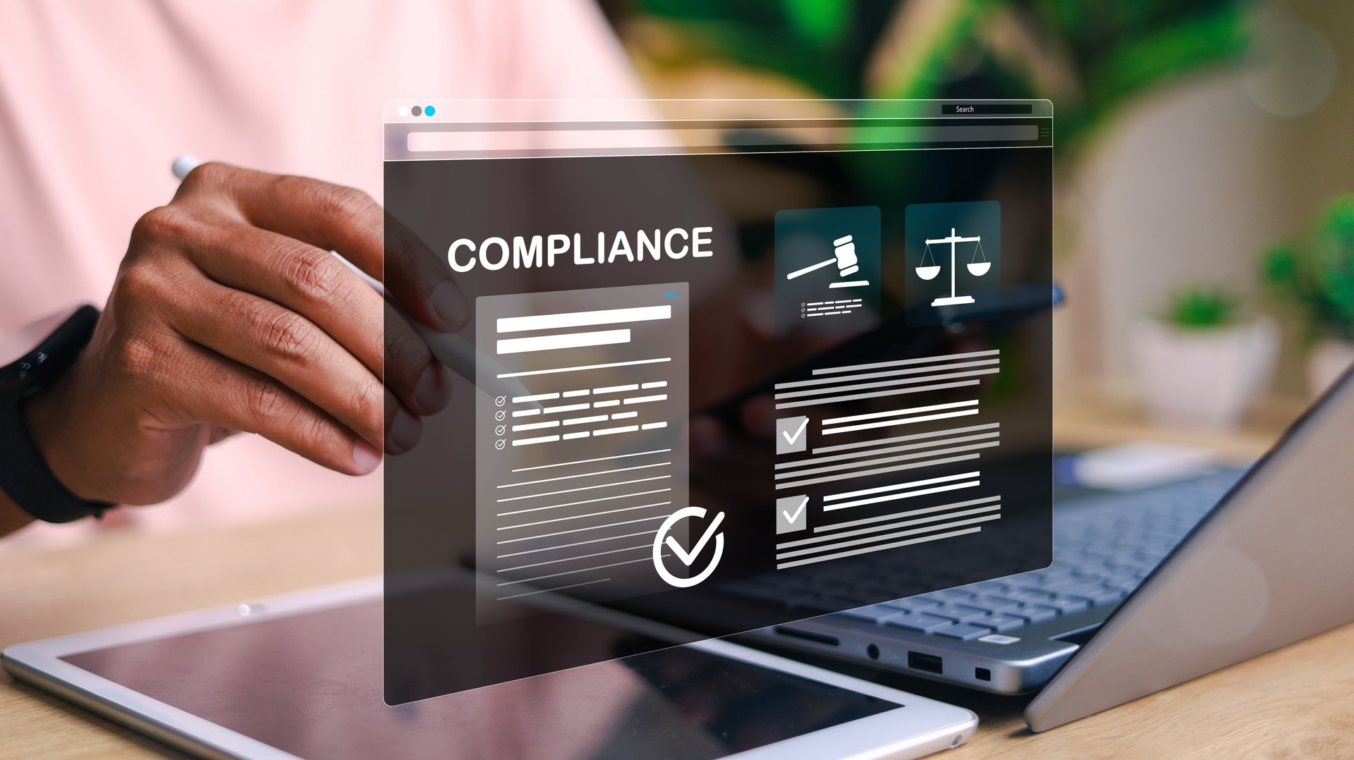 Digital compliance interface showing checklist, legal icons, and document validation on tablet screen. Ideal for governance, audit, regulation, and risk management concepts.