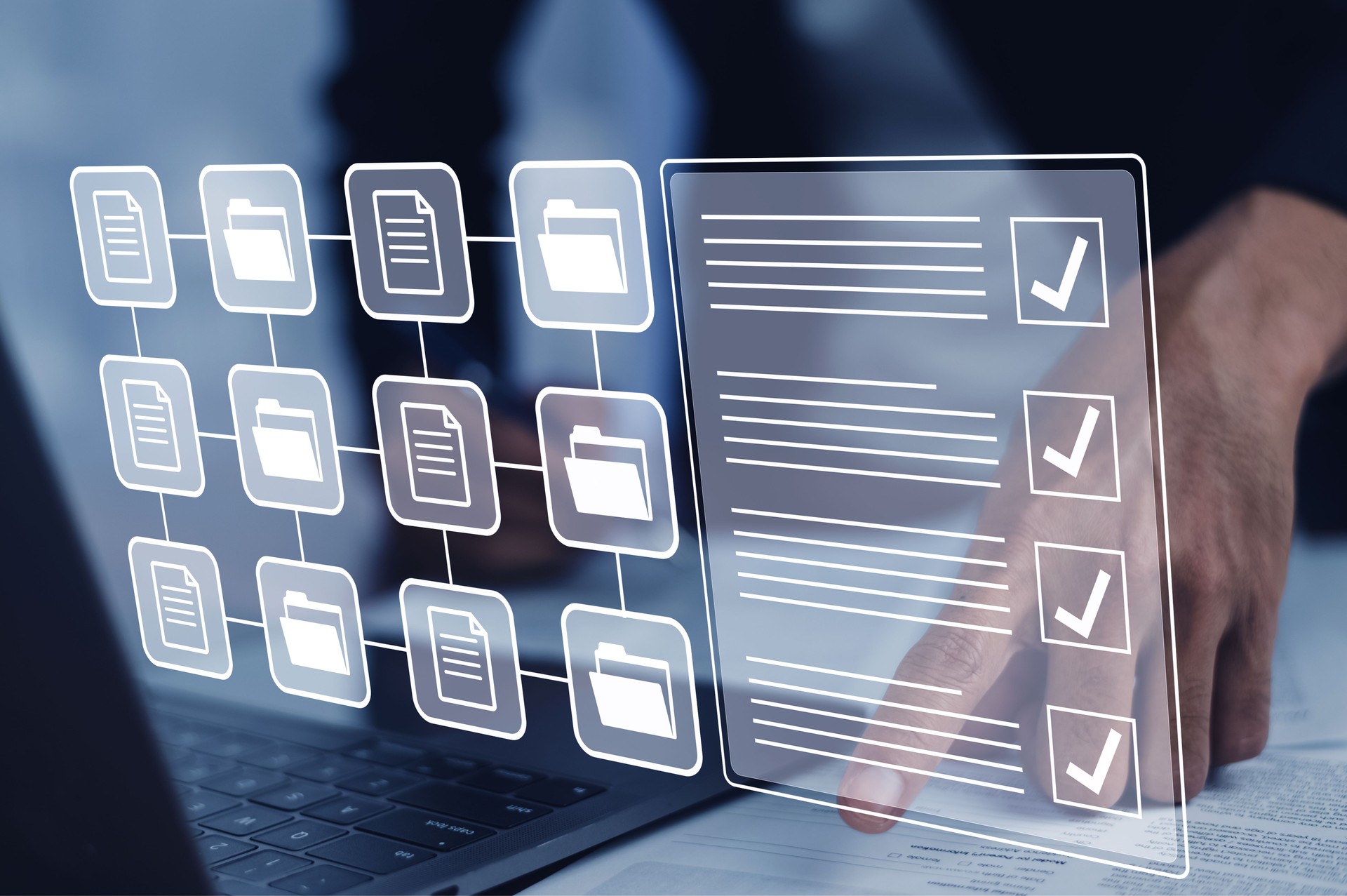 Documents management information system concept, Businessman using visual screen internet for Documents management information system and ERP program data directory in company, ERP document