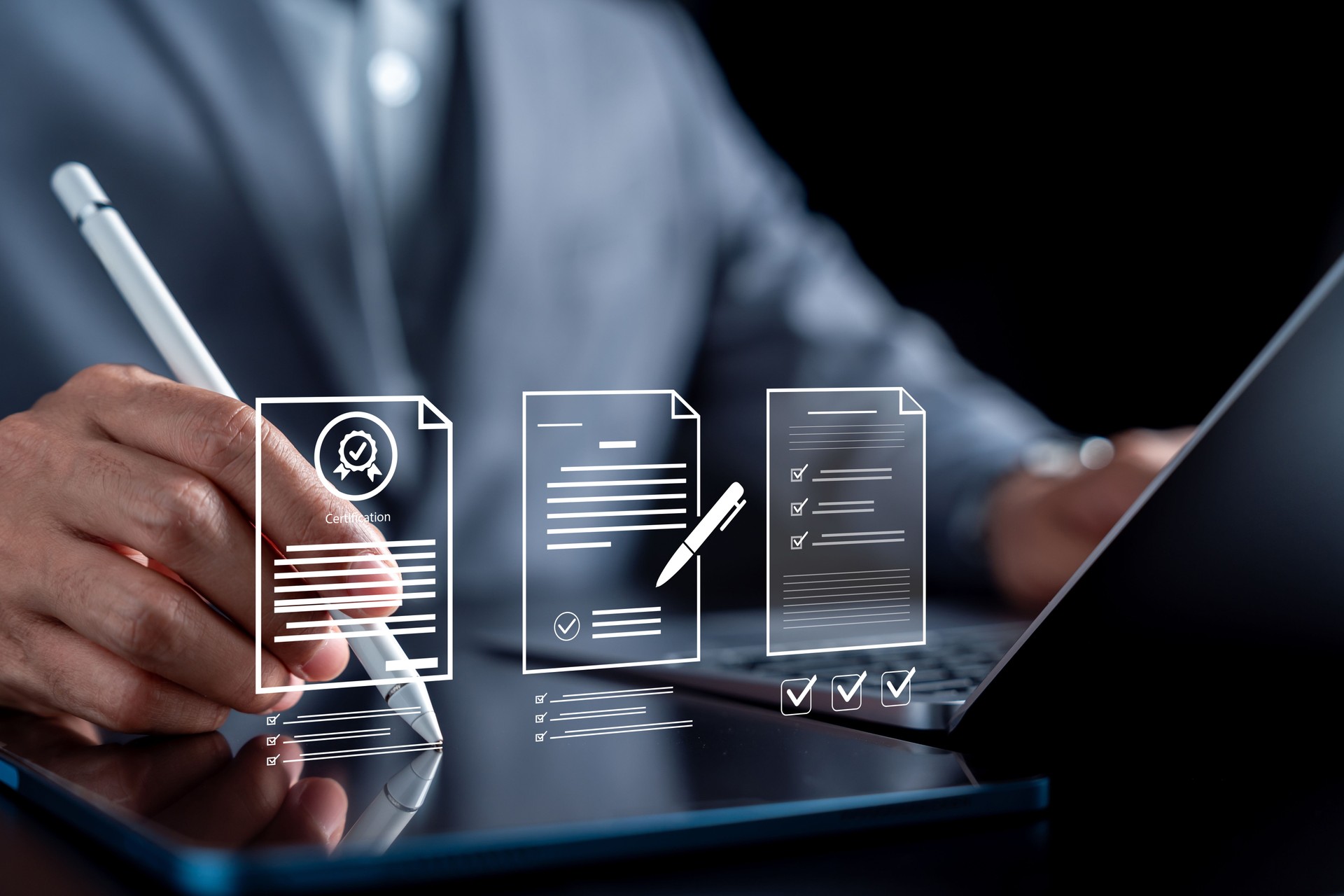 Compliance workflow with digital documents, checklist, certification, and signature. approval process, regulation management, business standards, and secure verification system.