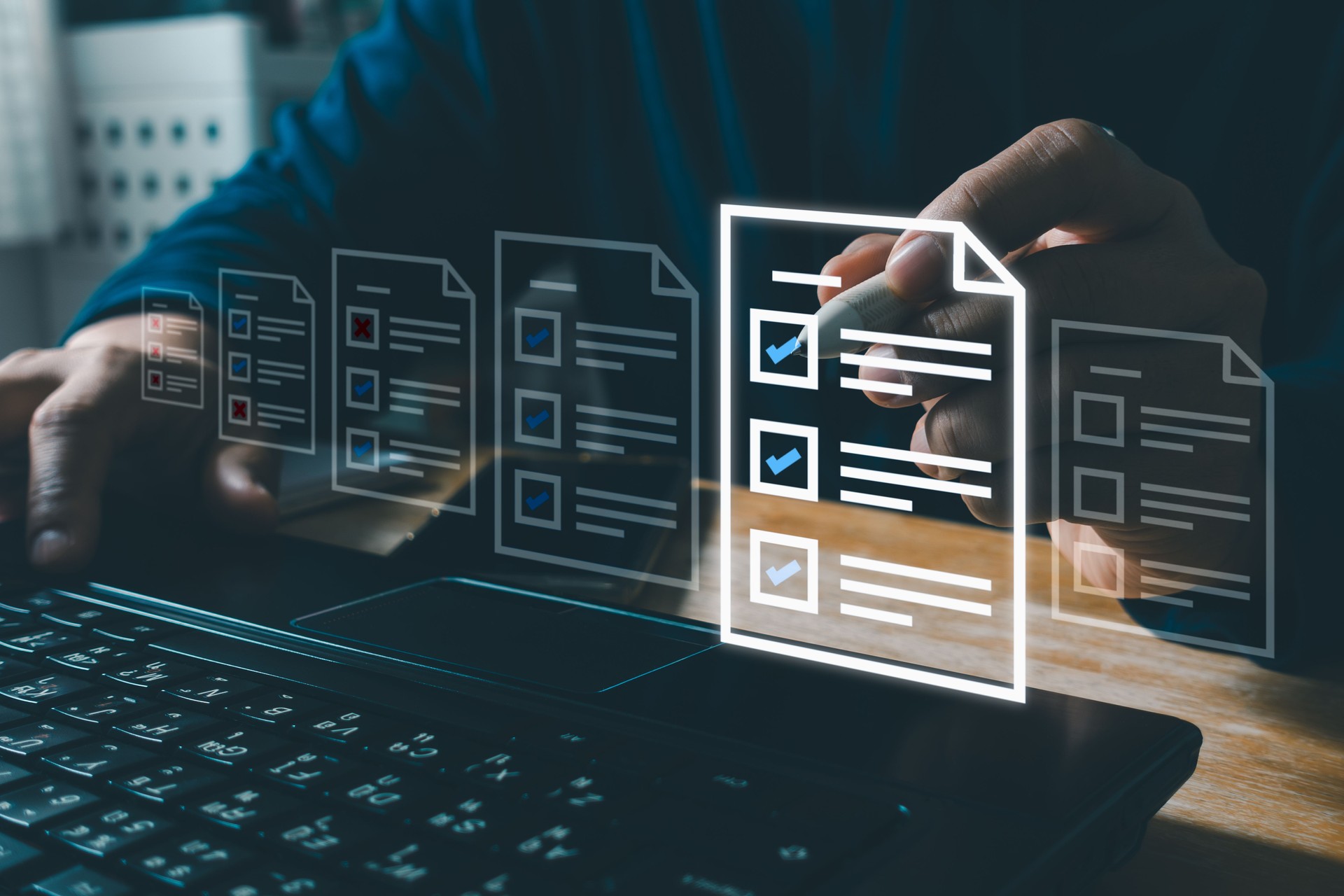 Document management and electronic checklist concept. Business people use a pen checklist on virtual screen. Document Management System process automation to efficiently document paperless operation.